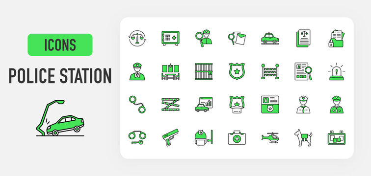 Police Station icon. Police Siren, Chief Officer, Prison Cell, Traffic, Law Enforcement, Safebox, Criminal Report, Patrol Car, Secret Document, Evidence, Interrogation Room, Police Badge vector. 