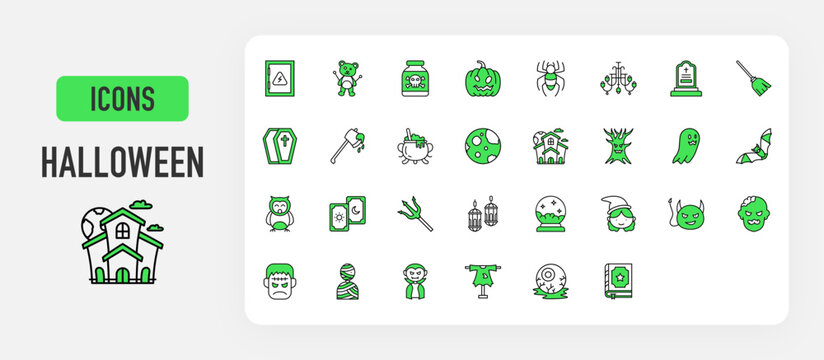 Halloween icon. Danger Board, Trident, Tarot Card, Pumpkin, Spider, Magical Doll, Chandelier, Grave, Haunted House, Ghost Tree, Owl, Lantern, Magic Ball, Witch, Devil Horns, Zombie vector.