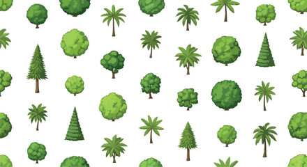 Minimalist green tree pattern vector, seamless forest landscape background, flat style nature icons including palms and pines on white © map world