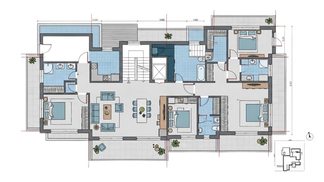 The 2D CAD designed floor plan showcases a large building layout with multiple rooms and corridors