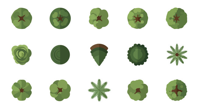 Flat top view tree icons set, 15 green plant symbols for landscape architecture, aerial garden map elements, nature vector collection for site planning