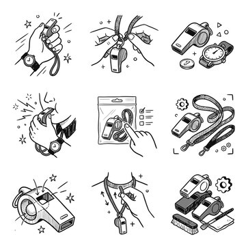 Hand-Drawn Sports Whistle Icons and Referee Coaching Equipment Sketches Set