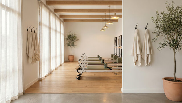 Radiant Sunlit Pilates Studio with Reformers Sheer Curtains and Olive Trees Radiating Wellness Joy and Healthy Aspiration Perfect for Fitness Studio Advertising Wellness Brand Brochure and Health