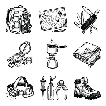 Camping and Survival Gear Hand-Drawn Icon Set - Hiking and Outdoor Adventure Equipment Sketches