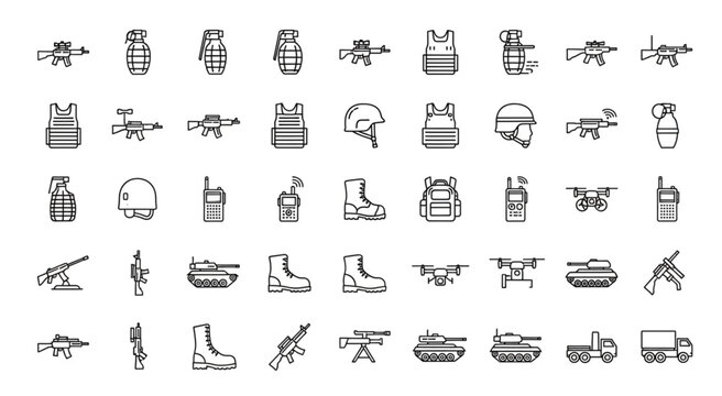 Collection of military equipment and weapons, line art illustration.