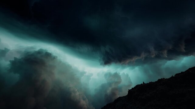Cinematic dark teal storm clouds churn above a shadowy mountain ridge at dusk. Moody atmospheric cloudscape perfect for weather, climate change, or cinematic intro backgrounds.