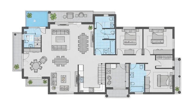 2D CAD drawing of a large modern house floor plan with multiple rooms and a pool