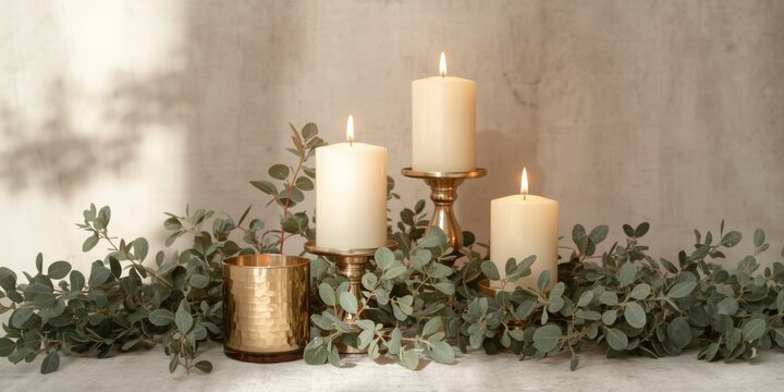 Arrangement of white wax candles and fresh eucalyptus populus creating inviting warmth