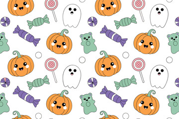 Obraz premium kawaii halloween pattern with pumpkins ghosts and candy