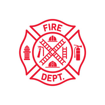 firefighter maltese cross emblem with tools red on white
