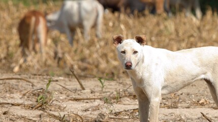 Fototapeta premium White Stray Dog Standing in Dry Field with Cattle in Background
