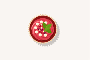 Top view of strawberry jam cupcake with red berry frosting cream drops mint leaf topping vector illustration © Akasha Design