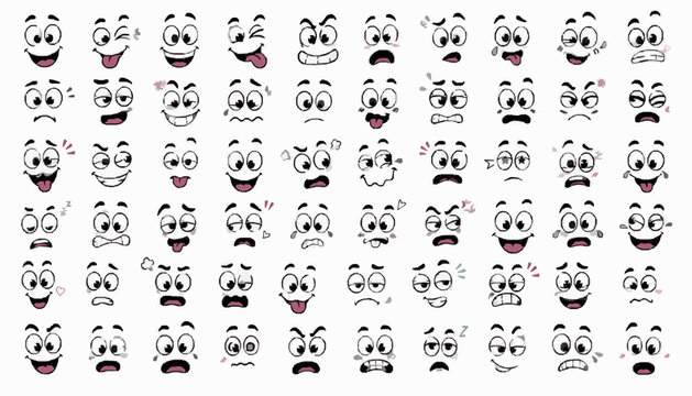Comic Reaction Expression Icons Pack with Isolated Funny Eyes, Mouths, Brows, Smiles, Reaction Faces and Playful Cartoon Emotion Design Elements