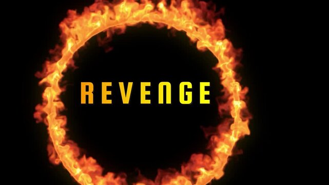 Fiery revenge text reveal with glowing animated burning ring of flames motion graphics overlay against a deep pitch black background for cinematic intros