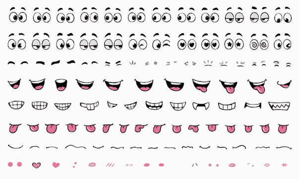 Face Builder Parts Expression Pack with Isolated Funny Eyes, Mouths, Brows, Smiles, Reaction Faces and Playful Cartoon Emotion Design Elements