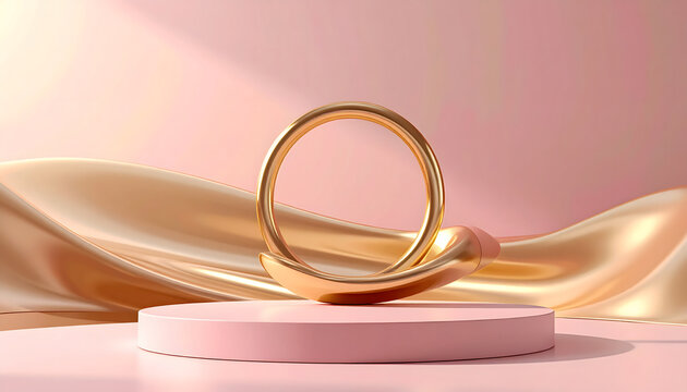 Satisfying Liquid Gold Loop: Gold ring product render cinema style satisfying animation flawless polished gold metal on pink podium display for luxury jewelry design