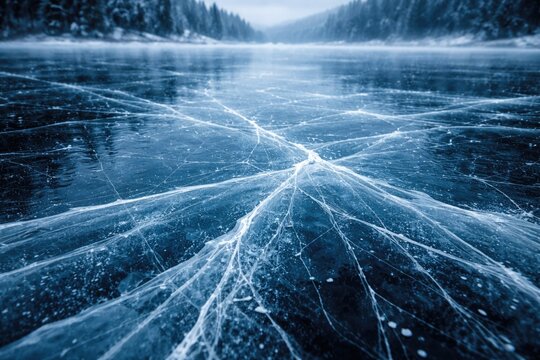 Seasonal cold backdrop displaying thin ice fractures on a winter lake surface