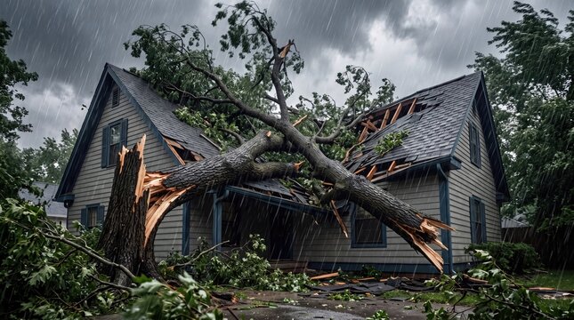 A house damaged by a fallen tree during a storm, showcasing nature's destructive power.