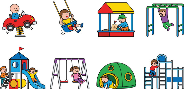 Kids Playground Activities Cartoon Vector Illustration Set Featuring Outdoor Play Equipment Fun And Childhood Recreation