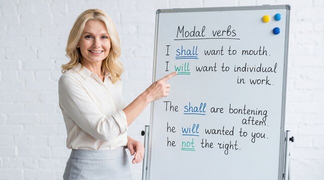 Professional teacher explaining modal verbs on whiteboard in classroom