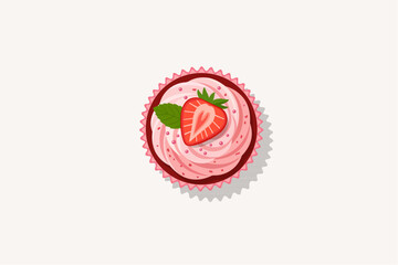 Top view vector illustration of strawberry cupcake with pink swirl frosting half berry and mint leaf topping © Akasha Design