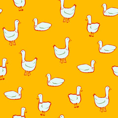 Cheerful seamless pattern with hand drawn geese on yellow background. © Ramilia