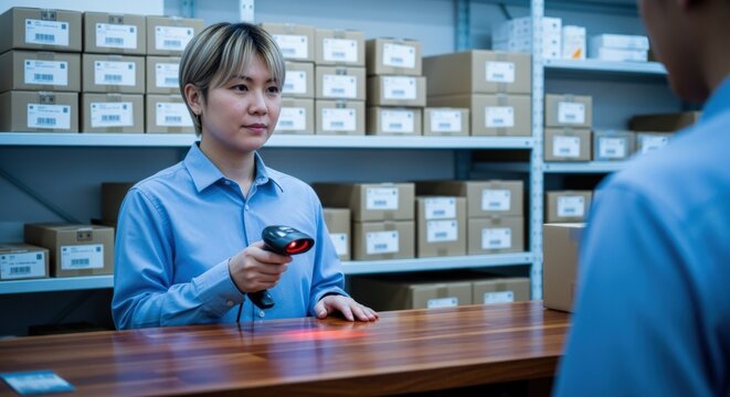Warehouse worker scanning package with barcode scanner at checkout counter, checking inventory