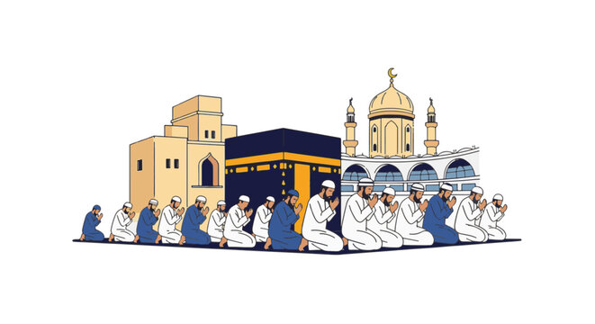 Vector illustration of 17th-century pilgrims, men and women in traditional colonial attire with hats and bonnets, gathered together in a group for prayer and giving thanks.