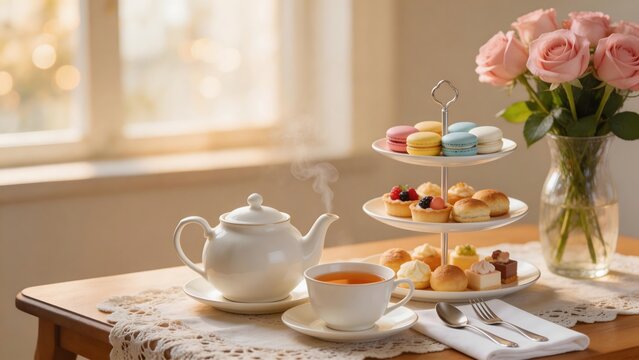 Tea set with pastries and flowers on table