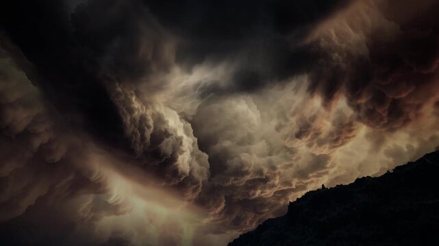 Heavy orange and brown storm clouds tumble across a fiery sunset sky above a silhouetted mountain. Cinematic 3D weather background.