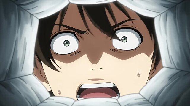 Anime-style face looks up in terror from inside a tight, abstract tunnel
