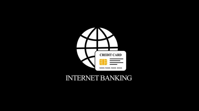 Internet banking icon animation with globe and credit card on black background, with 4k video animation.