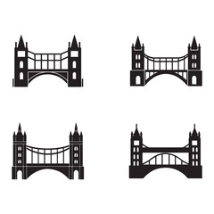 Fototapeta premium Tower Bridge London silhouette icon set four different views black and white Tower Bridge London silhouette icon set featuring four different views in black color on white background