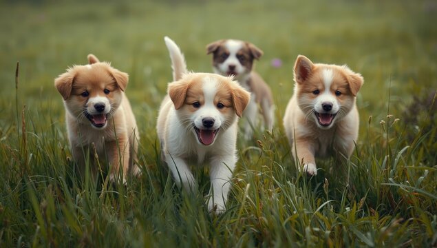 Cheerful puppies and kittens frolicking in a green meadow