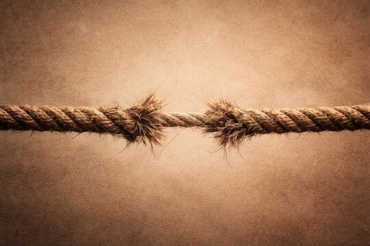 Old rope threadbare and stretched against a smooth grainy background featuring copy space