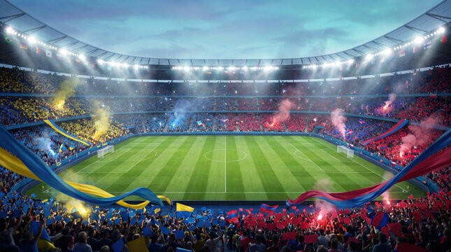 Football World Cup 2026 stadium packed with colorful fans and illuminated soccer field, exciting international sports event concept symbolizing unity, competition and championship celebration