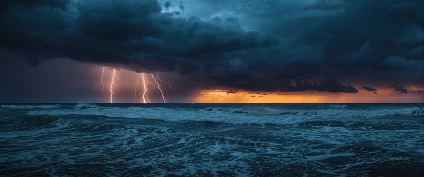 A severe thunder and lightning display over restless ocean waters before nightfall