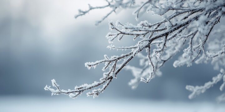 Apple tree limbs encrusted in hoarfrost against a smooth blurred backdrop