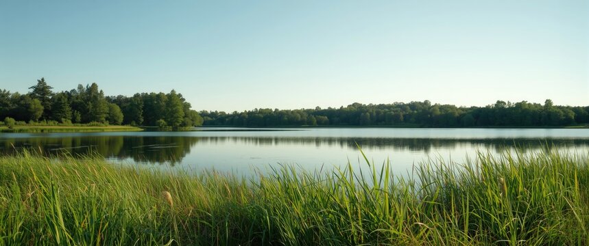 A still lake with dense green grass along the edges during a clear summer day