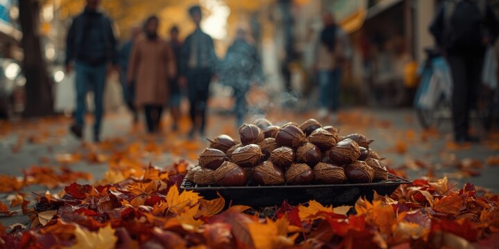 Chestnuts grilling on open flame amidst colorful fall leaves in vibrant street scene