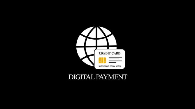 Digital payment icon animation with globe and credit card on black background, with 4k video animation, and credit card icon animation.
