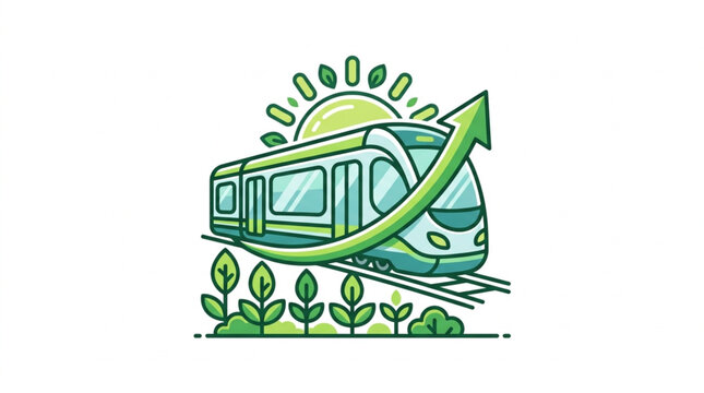 Green train transportation with growing plants and sun.