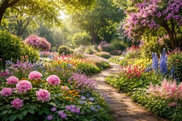 Obraz premium Lively spring garden with abundant green foliage and colorful blossoms
