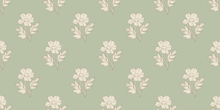 Vintage floral block print seamless pattern rustic cottagecore flower wallpaper.