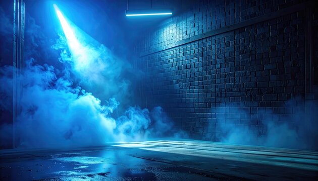 Mroczne wnętrze z intensywnym niebieskim światłem neonowym i gęstą mgłą, tworzące tajemniczą, futurystyczną atmosferę z odbiciami na mokrej podłodze.