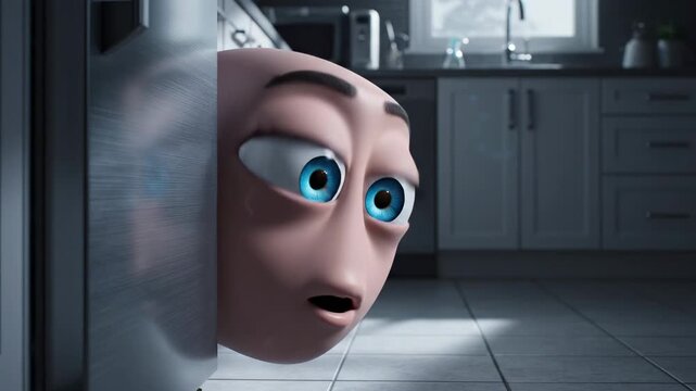A curious animated character cautiously peeks around a doorway into a kitchen, expressing surprise and trepidation with wide blue eyes and a slightly ajar mouth, reflecting a moment of discovery