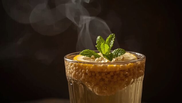 Classic Indian cumin spiced water garnished with fresh mint boondi and lemon slice in dark setting
