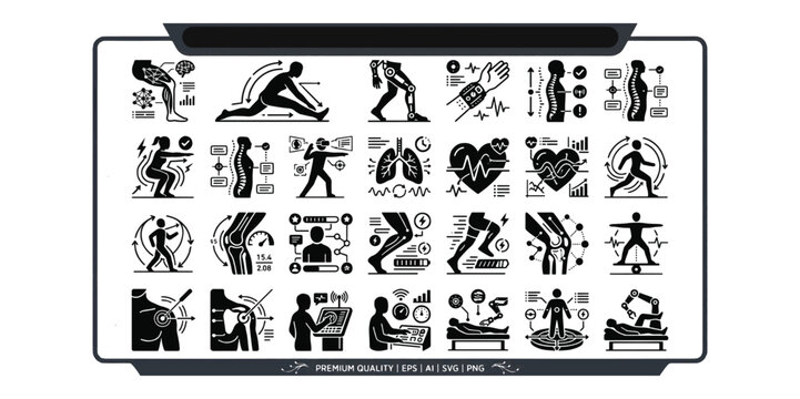 Physical therapy and sports rehabilitation vector icons set featuring body posture analysis joint ergonomics chiropractic care and medical biomechanics telemetry analytics.
