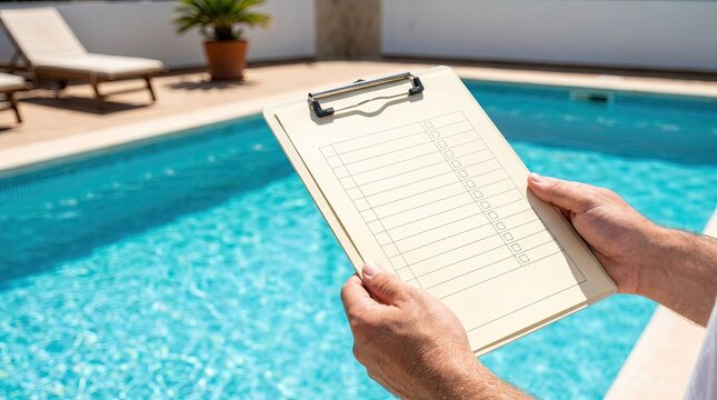 Pool pro checks list near blue water ensures safety concept. A person holds a clipboard near a serene swimming pool in bright sunlight.