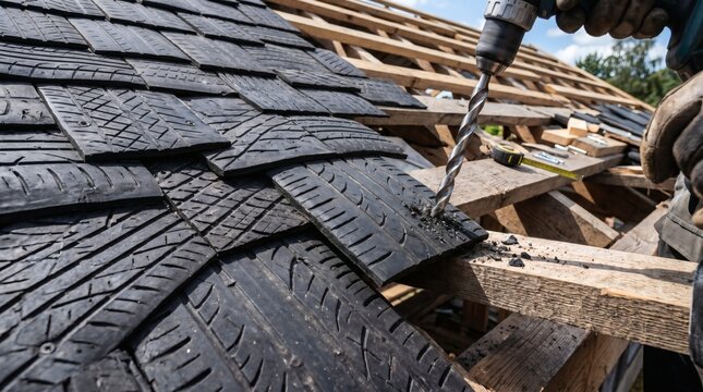 Sustainable roofing made from recycled tire rubber shingles.